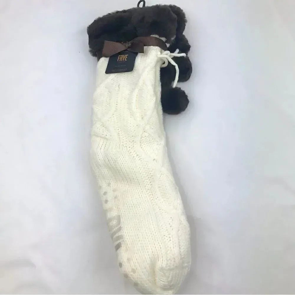 Frye Cream Knit Brown Faux Fur Pompom Trim Cozy Grip Tread Home Socks NEW